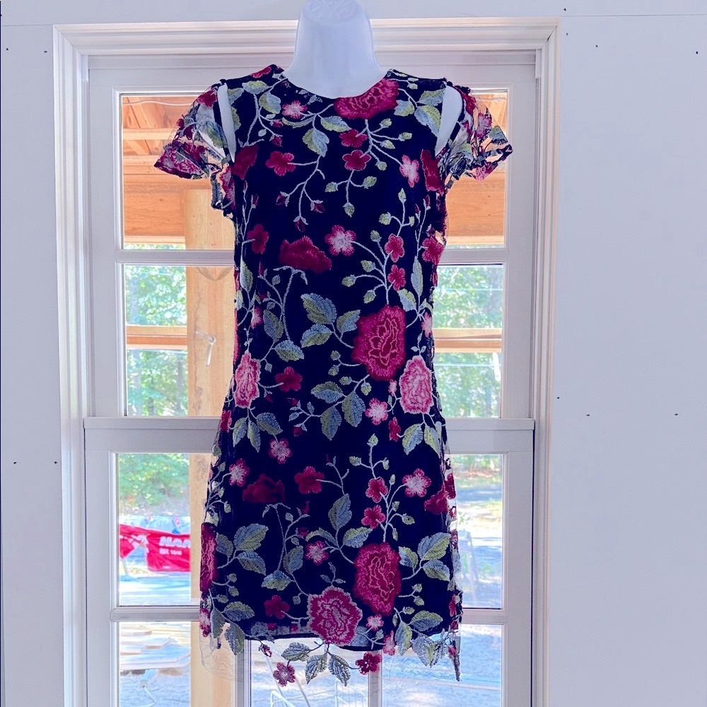 Sam Edelman Peony Embroidery Cap Sleeve Mini Dress Floral Navy Liner size 2 NWT